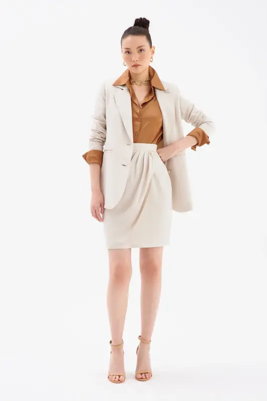 Button Detailed Satin Crepe Skirt - Stone - 1