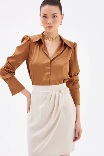 Button Detailed Satin Crepe Skirt - Stone - SATEEN (1)