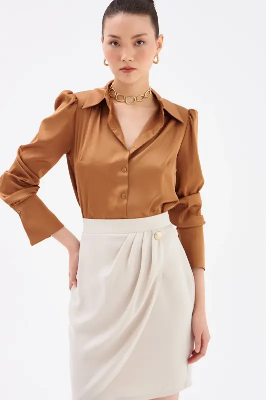 Button Detailed Satin Crepe Skirt - Stone - 2