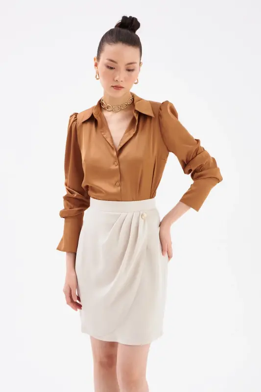 Button Detailed Satin Crepe Skirt - Stone - 3