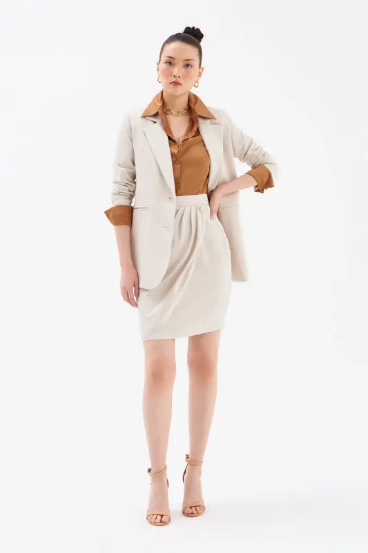 Button Detailed Satin Crepe Skirt - Stone - 4