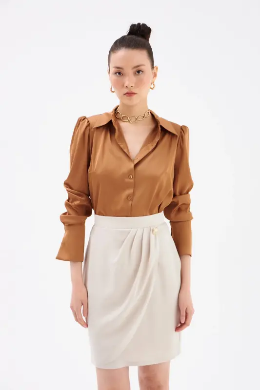 Button Detailed Satin Crepe Skirt - Stone - 5