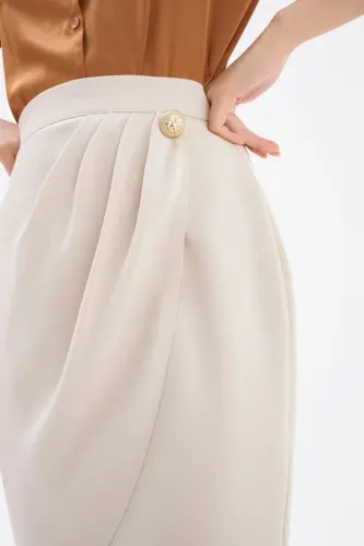 Button Detailed Satin Crepe Skirt - Stone - 6