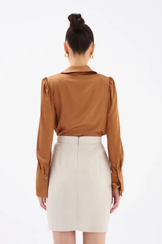 Button Detailed Satin Crepe Skirt - Stone - 7