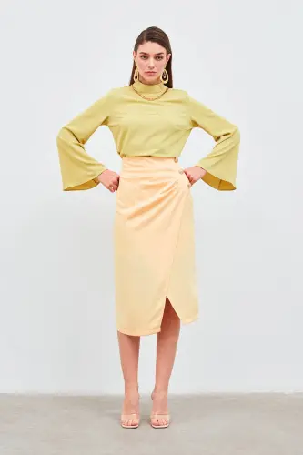 Button-Detailed Satin Crepe Skirt - Yellow - 1