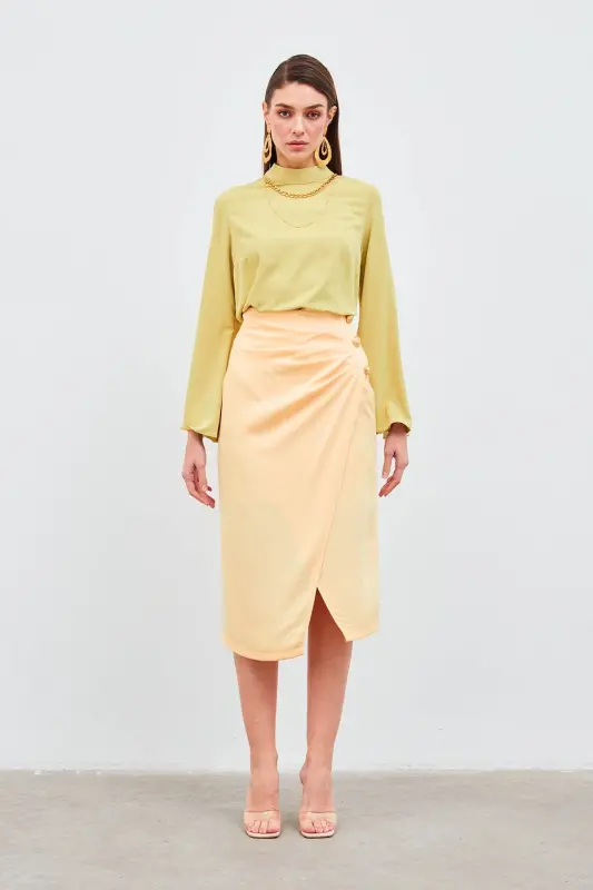 Button-Detailed Satin Crepe Skirt - Yellow - 2