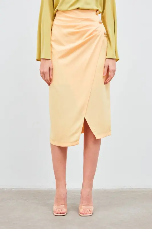 Button-Detailed Satin Crepe Skirt - Yellow - 3