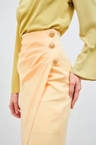 Button-Detailed Satin Crepe Skirt - Yellow - 4
