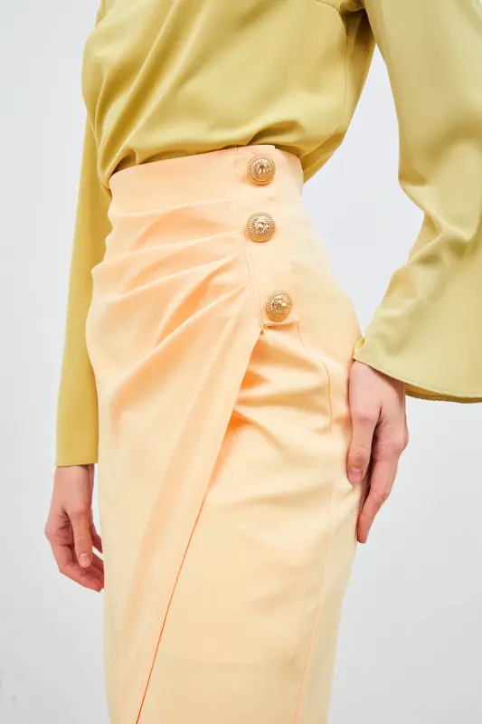 Button-Detailed Satin Crepe Skirt - Yellow - 4