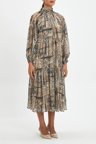 Button-Detailed Snake Print Long Sleeve Midi Dress Beige 39154 - SERPIL
