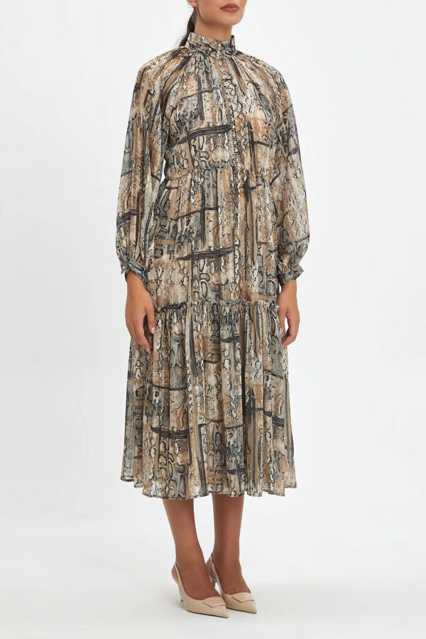 Button-Detailed Snake Print Long Sleeve Midi Dress Beige 39154 - 1