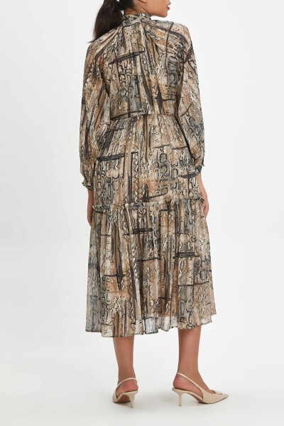 Button-Detailed Snake Print Long Sleeve Midi Dress Beige 39154 - SERPIL (1)