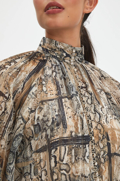 Button-Detailed Snake Print Long Sleeve Midi Dress Beige 39154 - 3