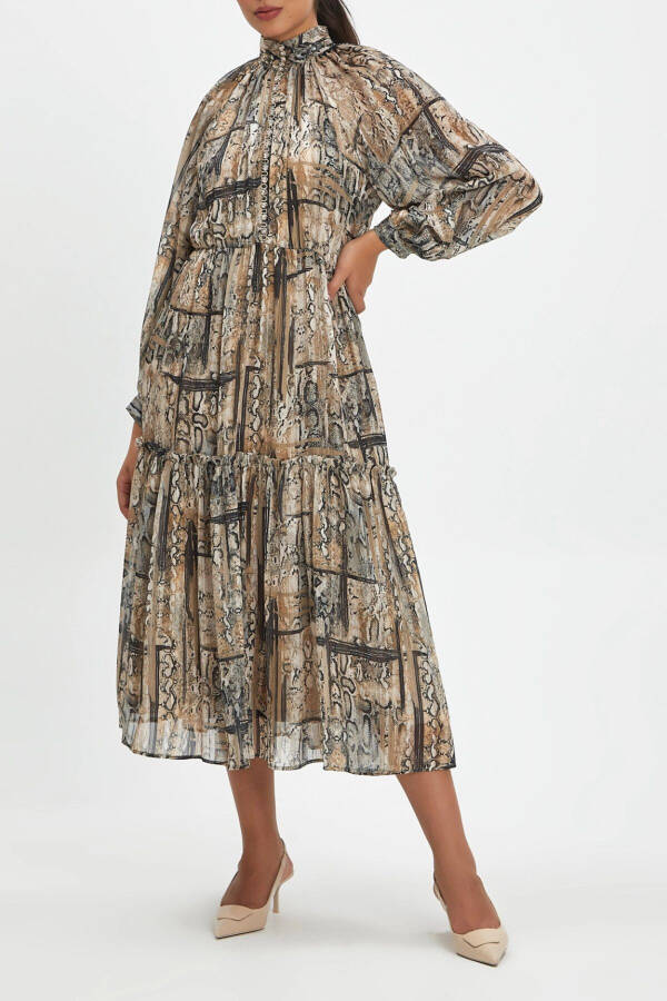 Button-Detailed Snake Print Long Sleeve Midi Dress Beige 39154 - 4