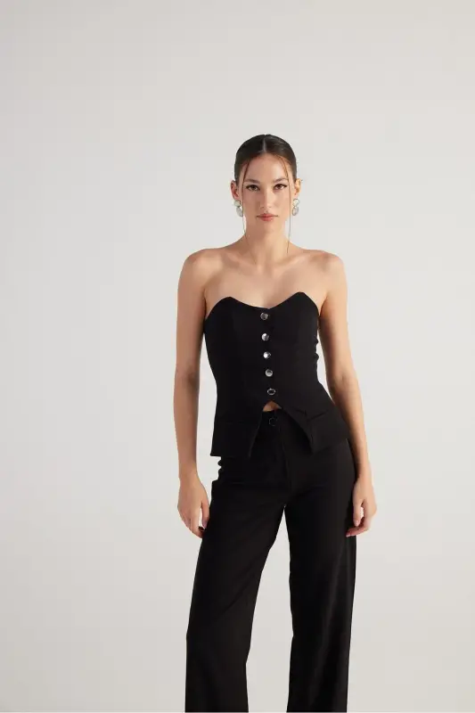 Button Detailed Strapless Nia Blouse Black - 1