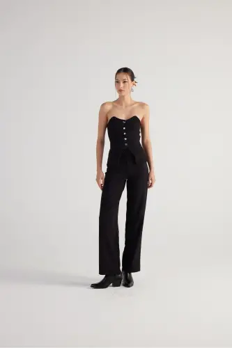 Button Detailed Strapless Nia Blouse Black - 4