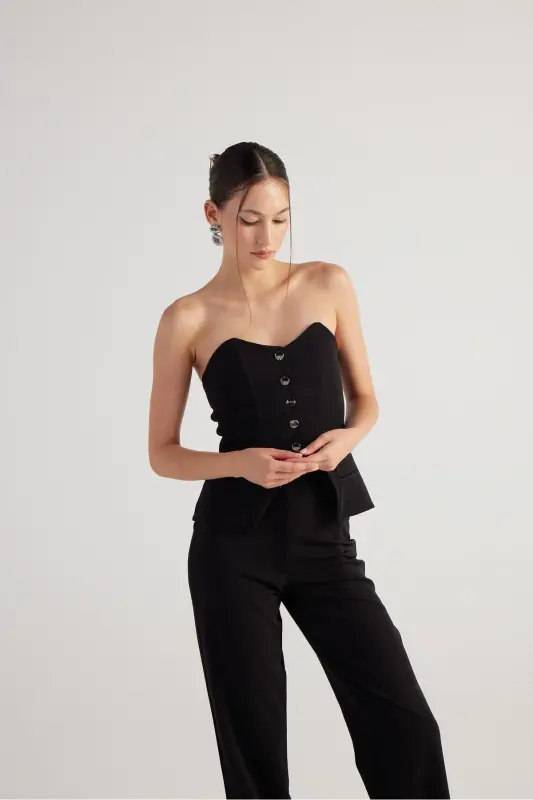 Button Detailed Strapless Nia Blouse Black - 3