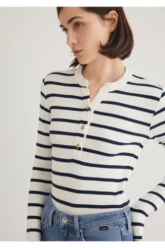 Button Detailed Striped T-Shirt Fitted - 1