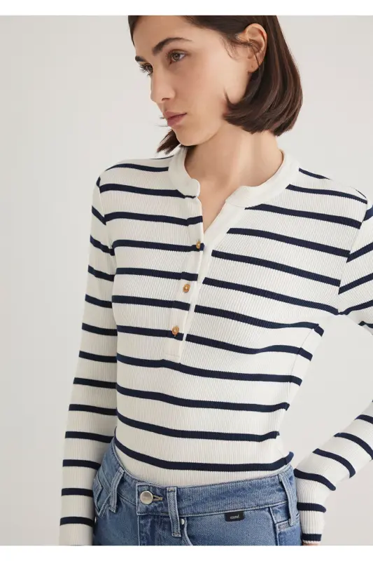 Button Detailed Striped T-Shirt Fitted - 1
