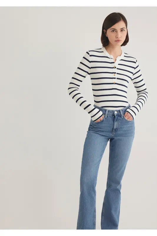 Button Detailed Striped T-Shirt Fitted - 2