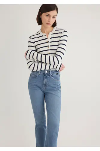 Button Detailed Striped T-Shirt Fitted - 3