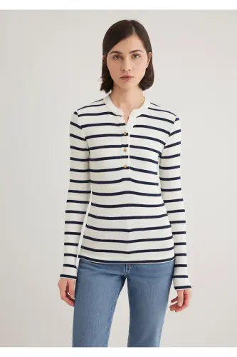 Button Detailed Striped T-Shirt Fitted - 5