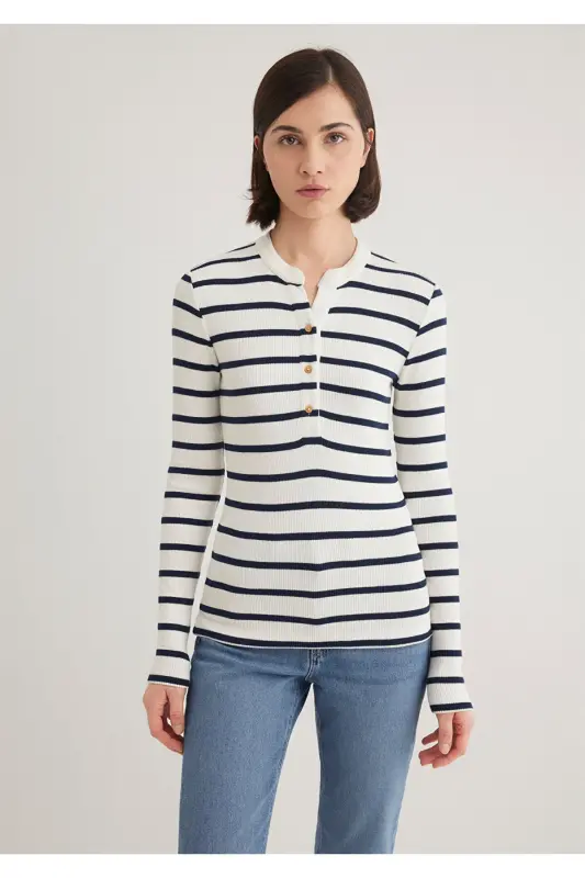 Button Detailed Striped T-Shirt Fitted - 5