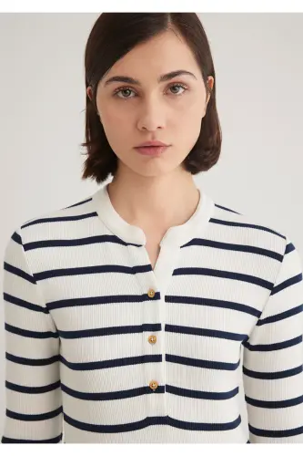 Button Detailed Striped T-Shirt Fitted - 7