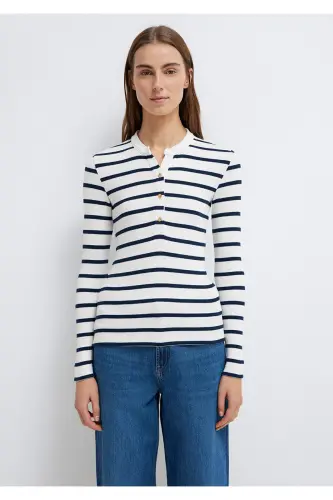 Button Detailed Striped T-Shirt Fitted - 4
