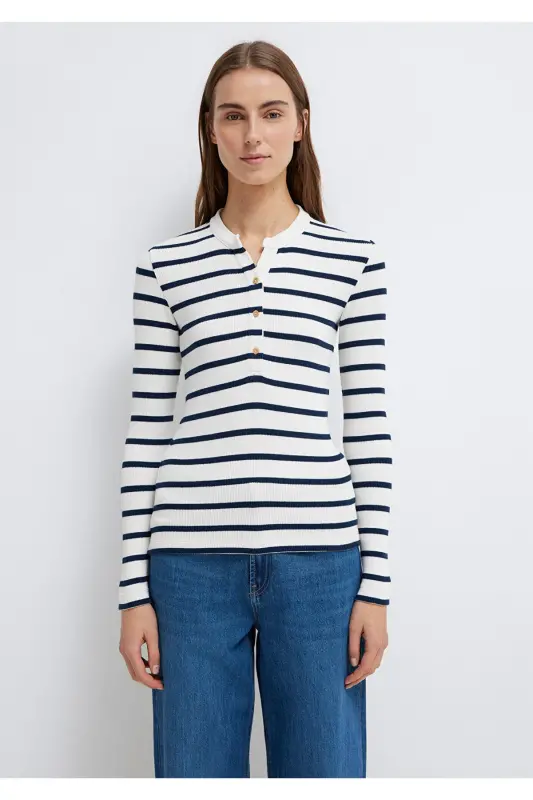 Button Detailed Striped T-Shirt Fitted - 4