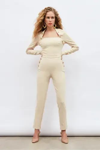 Button Detailed Trousers - Beige - SATEEN (1)