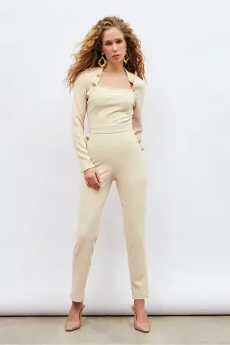 Button Detailed Trousers - Beige - 3