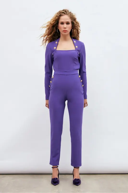 Button Detailed Trousers - Purple-PURPLE - SATEEN