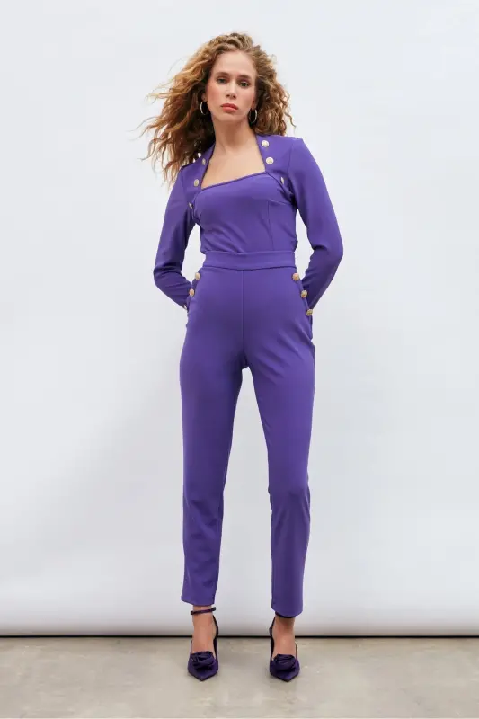 Button Detailed Trousers - Purple-PURPLE - 3