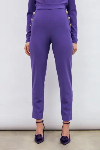 Button Detailed Trousers - Purple-PURPLE - 4