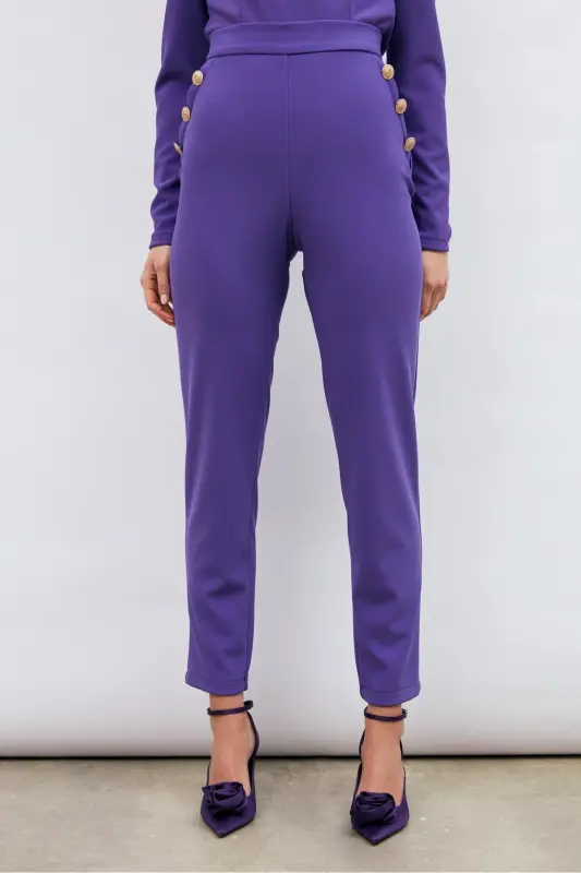 Button Detailed Trousers - Purple-PURPLE - 4