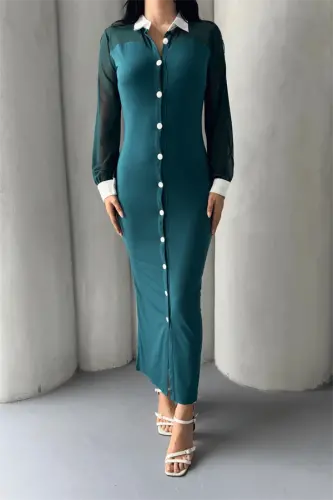 Button Detailed Tulle Dress - EMERALD GREEN - 3