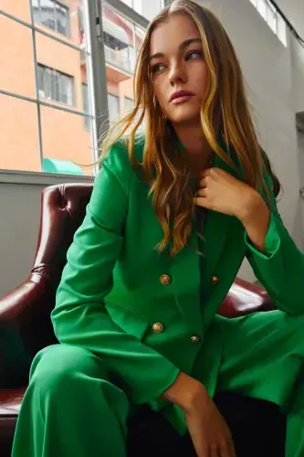 Button Detailed Wrap Jacket - GREEN - 1