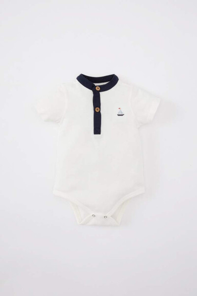 Button-down collar, pique, short-sleeved, snap-button bodysuit for newborn baby boy. Ivory white. - 1