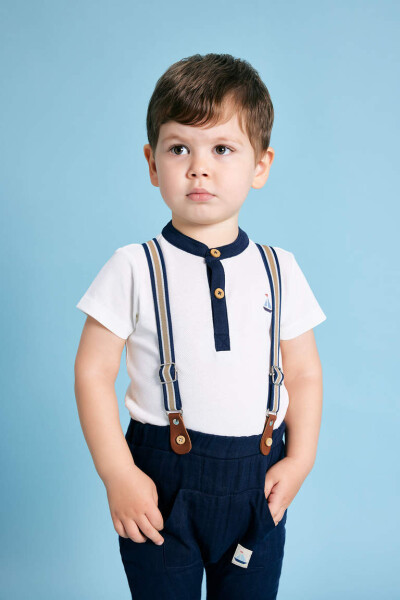 Button-down collar, pique, short-sleeved, snap-button bodysuit for newborn baby boy. Ivory white. - 2