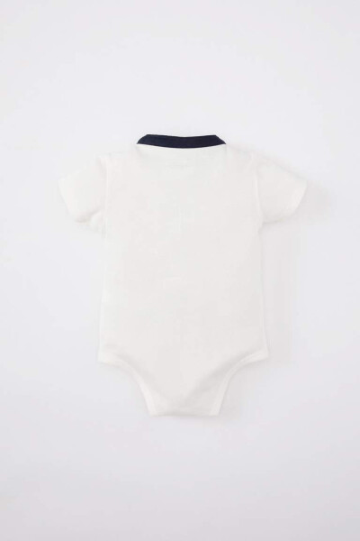 Button-down collar, pique, short-sleeved, snap-button bodysuit for newborn baby boy. Ivory white. - 5