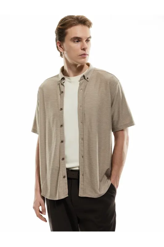 Button-Down Textured Viscose Beige Men's Shirt 5sam60 - 1