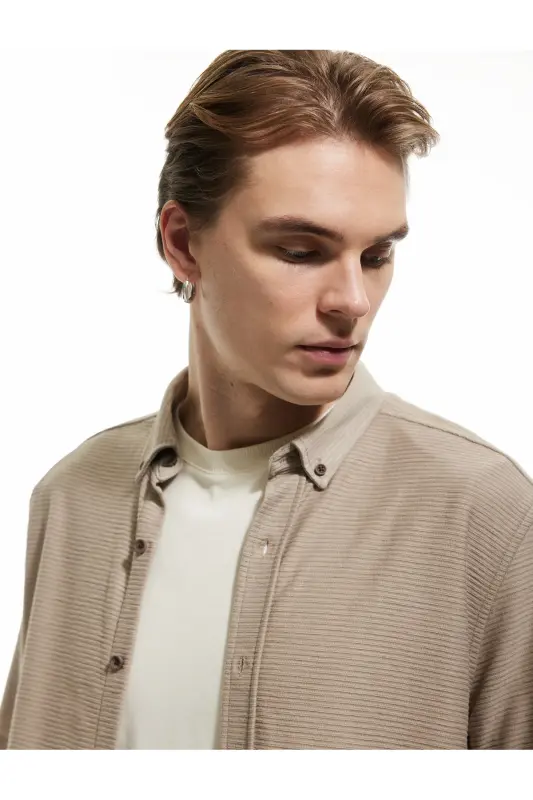 Button-Down Textured Viscose Beige Men's Shirt 5sam60 - 2