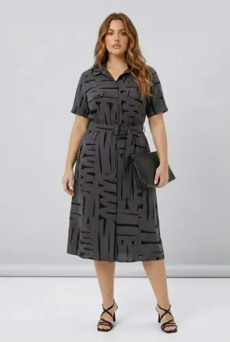 Button-Front Belted Plus Size Casual Dress Charcoal - BÜYÜKBEDENIZ (1)