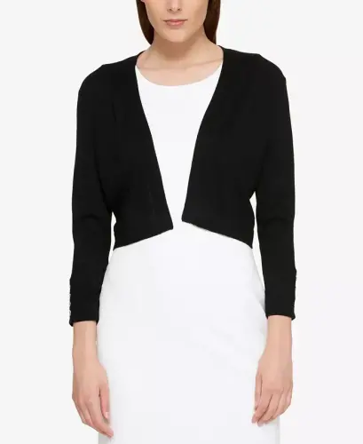 Button Sleeve Cardigan-Black - 1