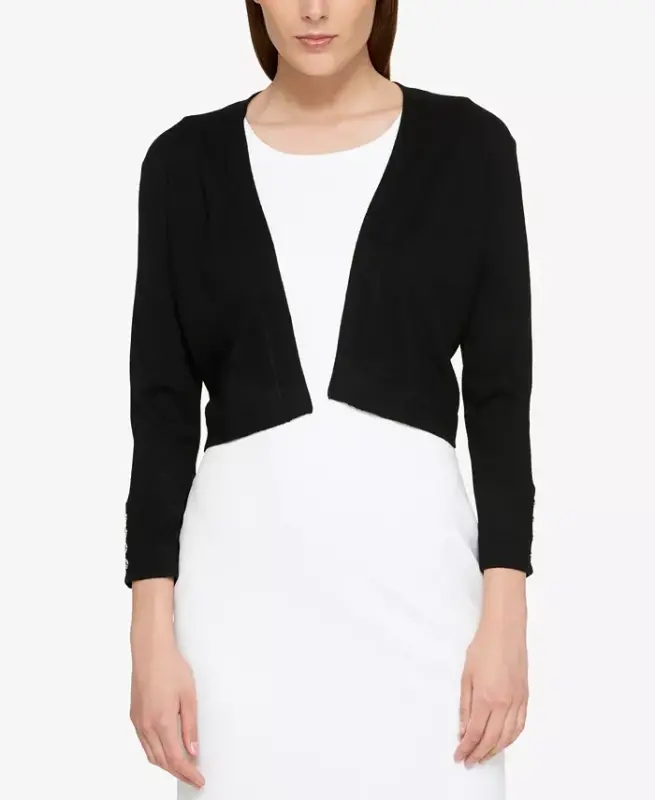 Button Sleeve Cardigan-Black - 1