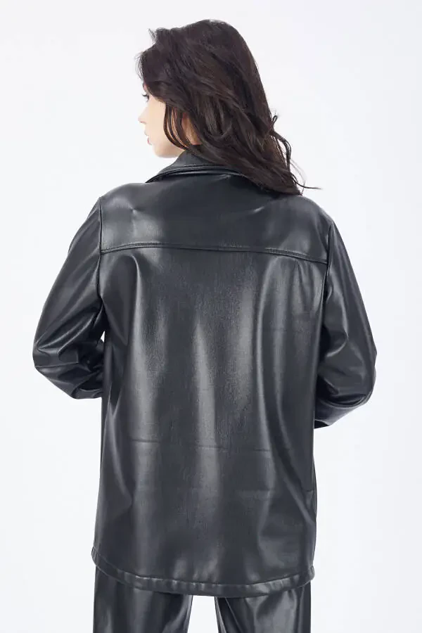 Button-Up U-Sleeve Leather Shirt with Front Pocket Gml33163 Black - 23