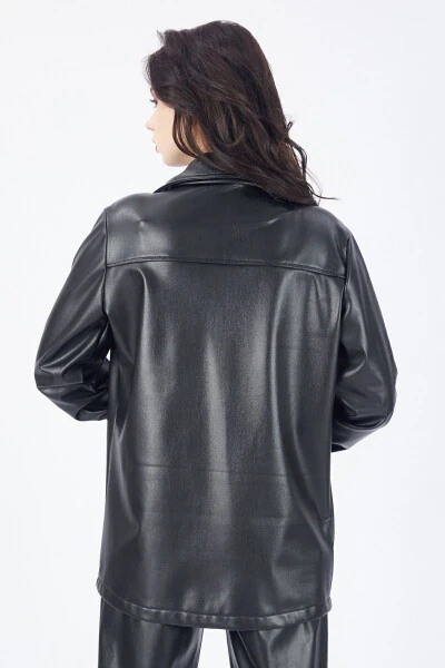 Button-Up U-Sleeve Leather Shirt with Front Pocket Gml33163 Black - 17