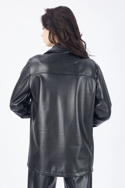 Button-Up U-Sleeve Leather Shirt with Front Pocket Gml33163 Black - 11