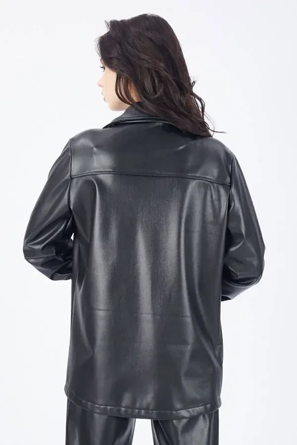 Button-Up U-Sleeve Leather Shirt with Front Pocket Gml33163 Black - 11